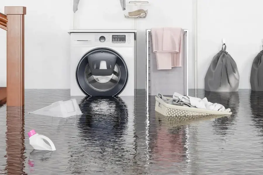 Water pooling in a laundry room from an appliance supply line leak in Agoura Hills, CA