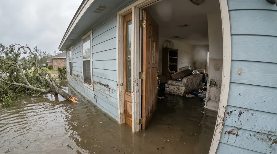 Storm water and debris around an Agoura Hills, CA home after heavy rain