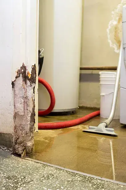 Failed water heater with water pooling on the floor in an Agoura Hills, CA home